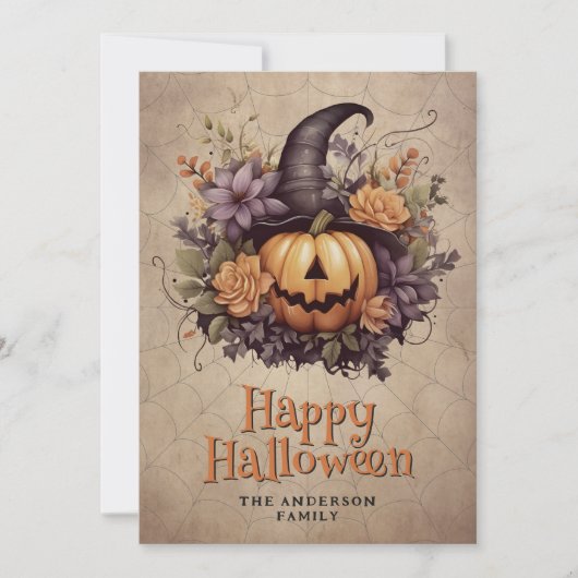 Pumpkin Witch Hat Cobweb Floral Halloween Card シーズンカード (正面)