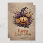 Pumpkin Witch Hat Cobweb Floral Halloween Card シーズンカード (正面/裏面)