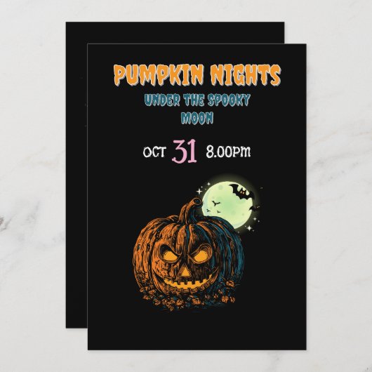 Pumpkin with Full Moon &  Halloween 招待状 (正面/裏面)