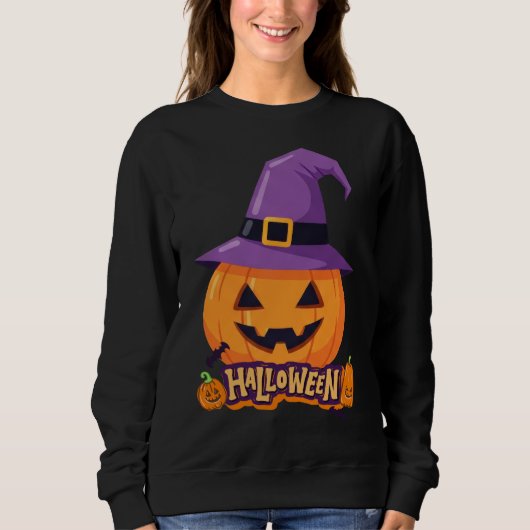 Pumpkin with Witch Hat – Cute Halloween Jack O’Lan スウェットシャツ (正面)