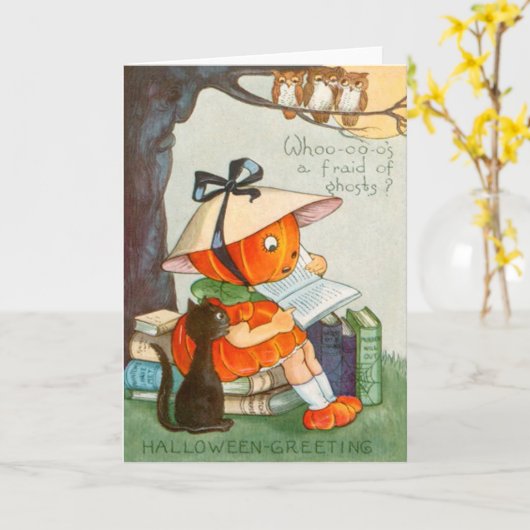 Pumpkinheadの黒猫のハロウィーンのカボチャのちょうちんのカボチャ カード (黄色い花)