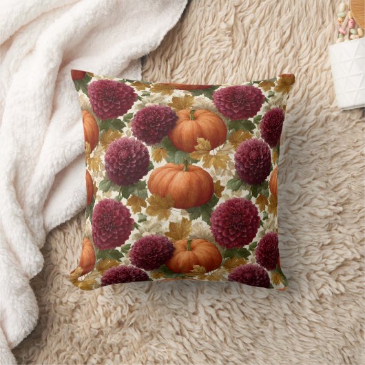 Pumpkins and Burgundy Autumn Blooms クッション (ブランケット)
