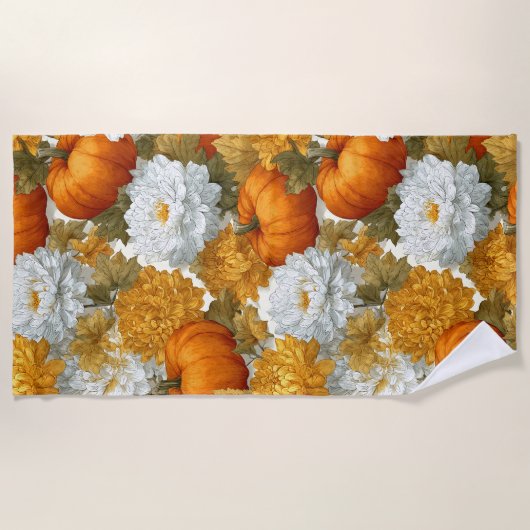 Pumpkins & Chrysanthemums Fall Design ビーチタオル (正面)