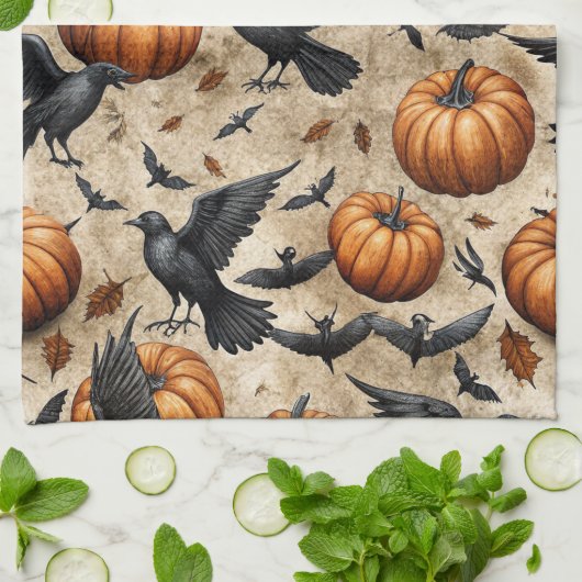 Pumpkins, Crows, and Bats Halloween Pattern キッチンタオル (折り畳み)