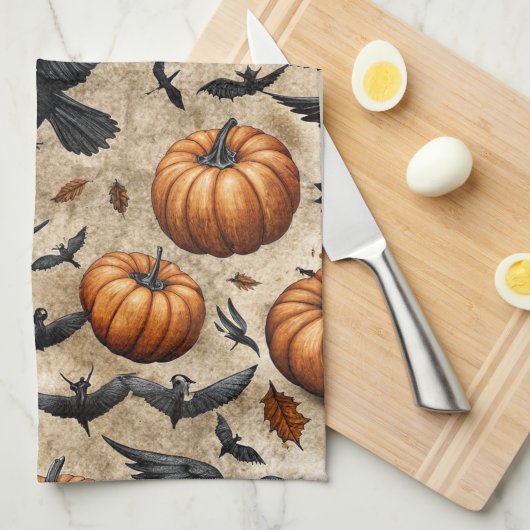 Pumpkins, Crows, and Bats Halloween Pattern キッチンタオル (四つ折り)