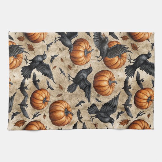 Pumpkins, Crows, and Bats Halloween Pattern キッチンタオル (横)