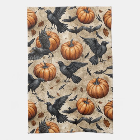 Pumpkins, Crows, and Bats Halloween Pattern キッチンタオル (縦)