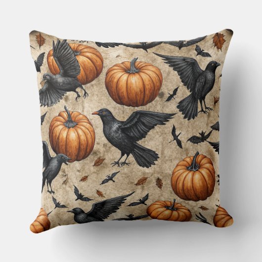 Pumpkins, Crows, and Bats Halloween Pattern クッション (裏面)