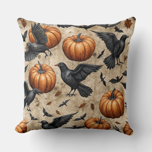 Pumpkins, Crows, and Bats Halloween Pattern クッション (正面)