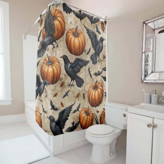 Pumpkins, Crows, and Bats Halloween Pattern シャワーカーテン (インサイチュ)