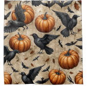 Pumpkins, Crows, and Bats Halloween Pattern シャワーカーテン (正面)