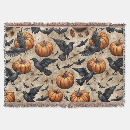 Pumpkins, Crows, and Bats Halloween Pattern スローブランケット (正面)