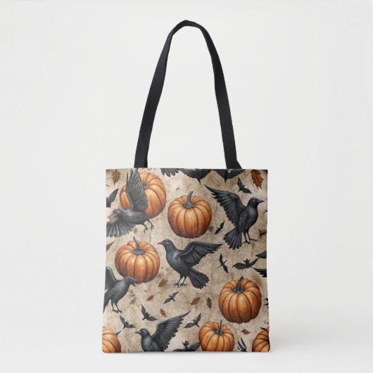 Pumpkins, Crows, and Bats Halloween Pattern トートバッグ (正面)