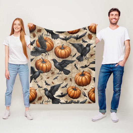 Pumpkins, Crows, and Bats Halloween Pattern フリースブランケット (インサイチュ)