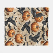 Pumpkins, Crows, and Bats Halloween Pattern フリースブランケット (正面(横))