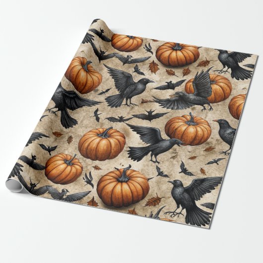 Pumpkins, Crows, and Bats Halloween Pattern ラッピングペーパー (アンロールド)