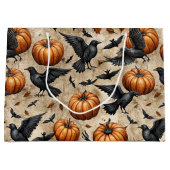 Pumpkins, Crows, and Bats Halloween Pattern ラージペーパーバッグ (正面)
