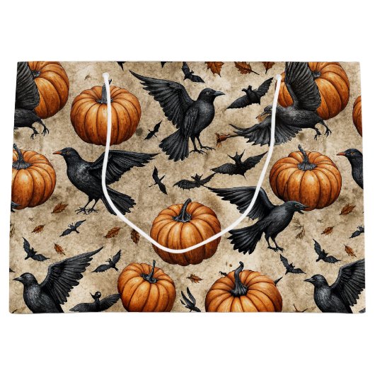 Pumpkins, Crows, and Bats Halloween Pattern ラージペーパーバッグ (正面)