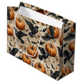 Pumpkins, Crows, and Bats Halloween Pattern ラージペーパーバッグ (正面アングル)