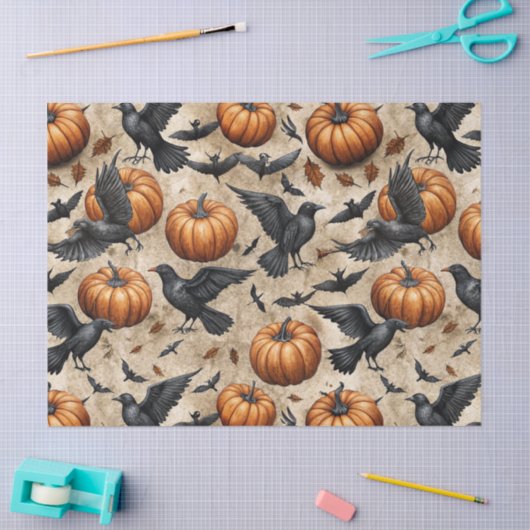 Pumpkins, Crows, and Bats Halloween Pattern 薄葉紙 (クラフト)