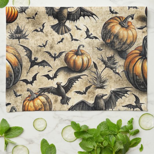 Pumpkins, Crows, and Bats Halloween Pattern (2) キッチンタオル (折り畳み)