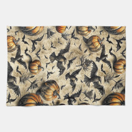 Pumpkins, Crows, and Bats Halloween Pattern (2) キッチンタオル