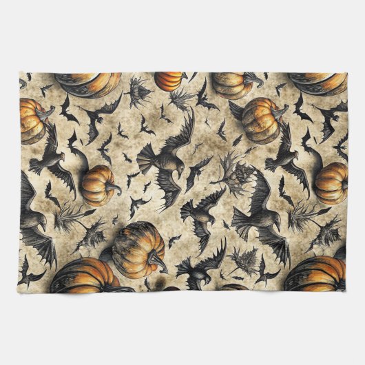 Pumpkins, Crows, and Bats Halloween Pattern (2) キッチンタオル (横)