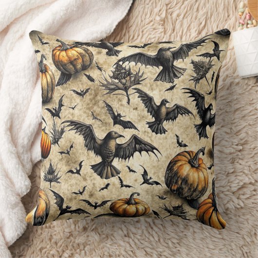 Pumpkins, Crows, and Bats Halloween Pattern (2) クッション (ブランケット)