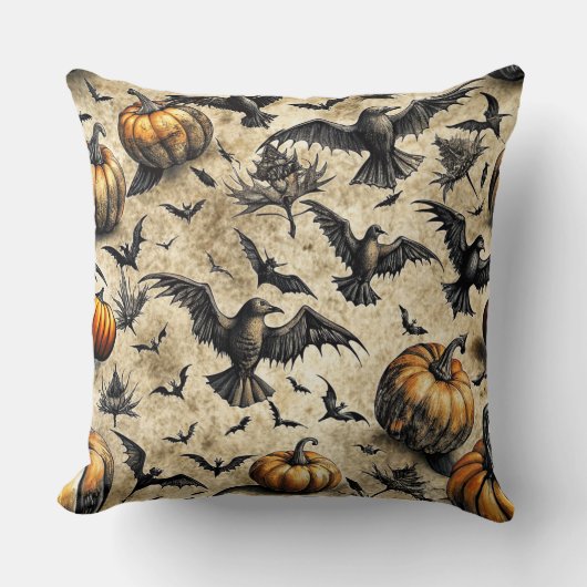 Pumpkins, Crows, and Bats Halloween Pattern (2) クッション (正面)