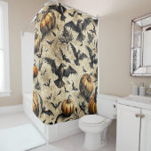 Pumpkins, Crows, and Bats Halloween Pattern (2) シャワーカーテン (インサイチュ)