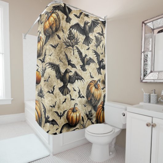Pumpkins, Crows, and Bats Halloween Pattern (2) シャワーカーテン (インサイチュ)