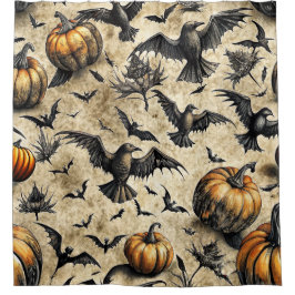 Pumpkins, Crows, and Bats Halloween Pattern (2) シャワーカーテン