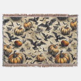 Pumpkins, Crows, and Bats Halloween Pattern (2) スローブランケット