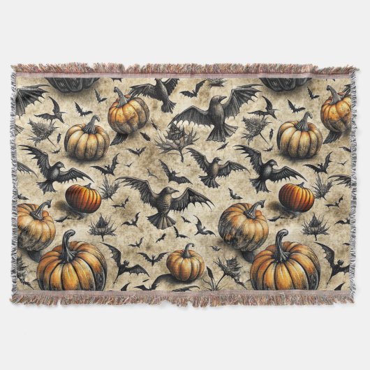 Pumpkins, Crows, and Bats Halloween Pattern (2) スローブランケット (正面)