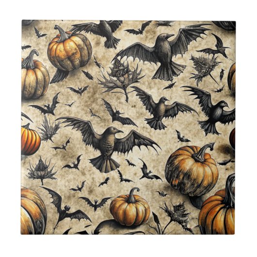 Pumpkins, Crows, and Bats Halloween Pattern (2) タイル (正面)