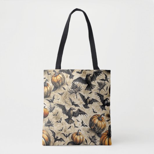 Pumpkins, Crows, and Bats Halloween Pattern (2) トートバッグ (正面)