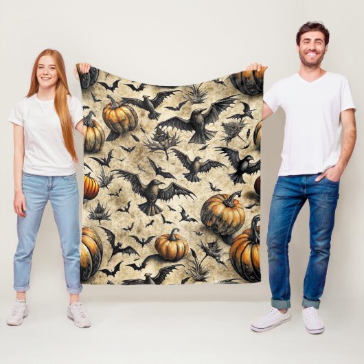 Pumpkins, Crows, and Bats Halloween Pattern (2) フリースブランケット (インサイチュ)