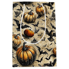 Pumpkins, Crows, and Bats Halloween Pattern (2) ミディアムペーパーバッグ