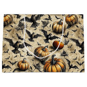 Pumpkins, Crows, and Bats Halloween Pattern (2) ラージペーパーバッグ (正面)