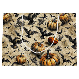 Pumpkins, Crows, and Bats Halloween Pattern (2) ラージペーパーバッグ