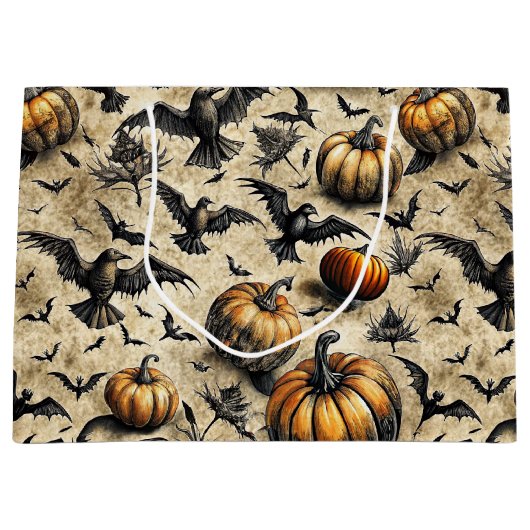 Pumpkins, Crows, and Bats Halloween Pattern (2) ラージペーパーバッグ (正面)