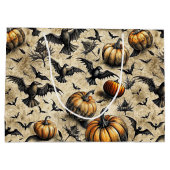 Pumpkins, Crows, and Bats Halloween Pattern (2) ラージペーパーバッグ (裏面)