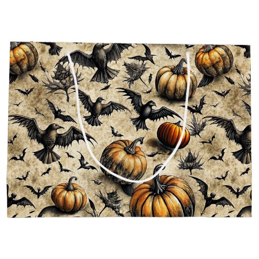 Pumpkins, Crows, and Bats Halloween Pattern (2) ラージペーパーバッグ (裏面)