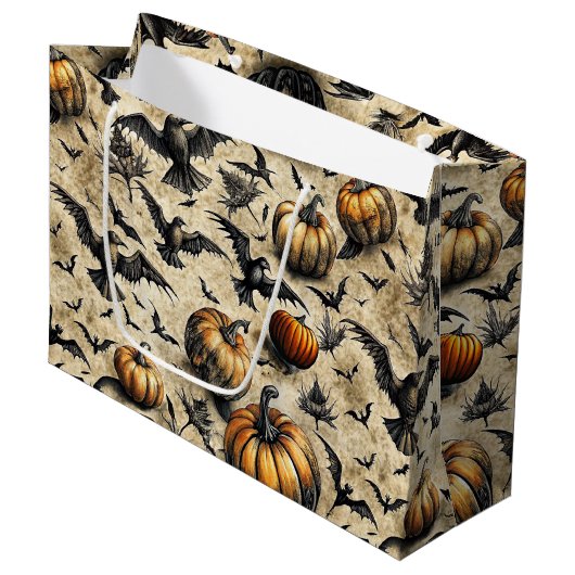 Pumpkins, Crows, and Bats Halloween Pattern (2) ラージペーパーバッグ (正面アングル)