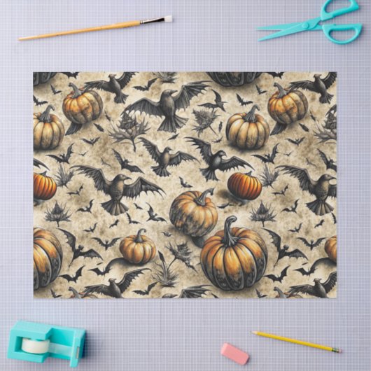 Pumpkins, Crows, and Bats Halloween Pattern (2) 薄葉紙 (クラフト)