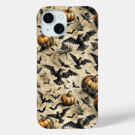 Pumpkins, Crows, and Bats Halloween Pattern (2) iPhone 15ケース