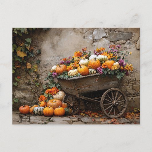 Pumpkins, Flowers, and Leaves in a Wheelbarrow ポストカード (正面)