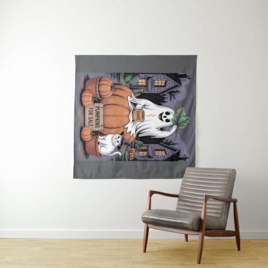 Pumpkins For Sale & Caffeine Ghost & Cat V2 タペストリー (インサイチュ(横))