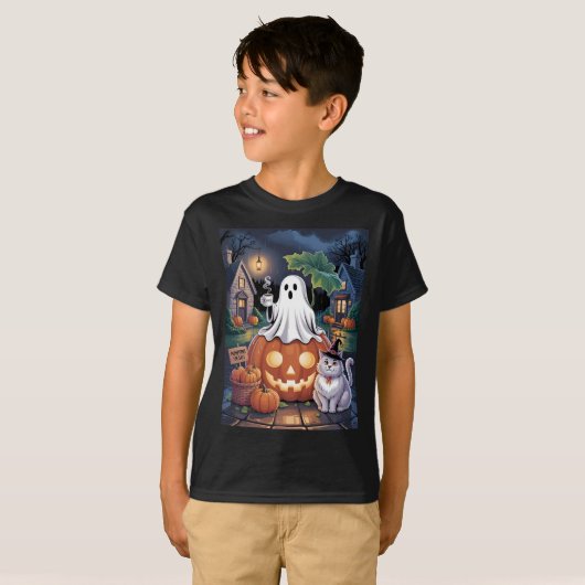 Pumpkins For Sale & Caffeine Ghost With Cat Tシャツ (正面フル)