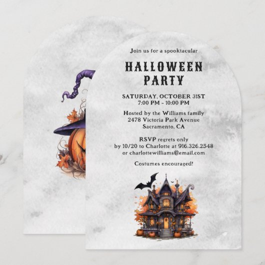 Pumpkins Haunted House Bats Halloween Party 招待状 (正面/裏面)